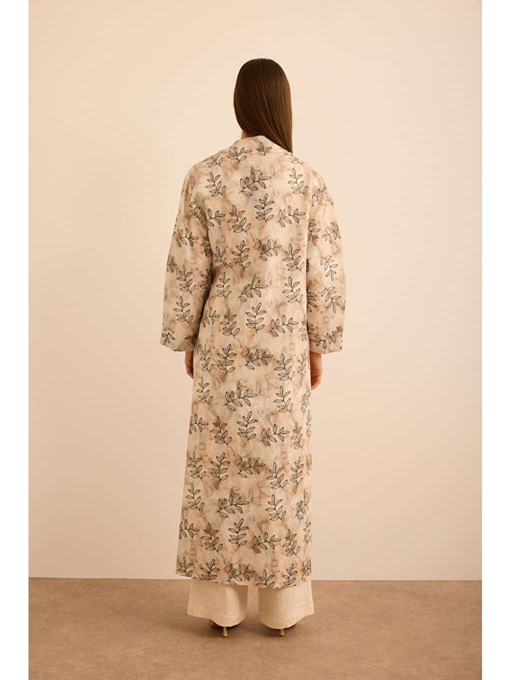 Ekru Yaprak Desenli Keten Yandan Bağlamalı Kimono-5
