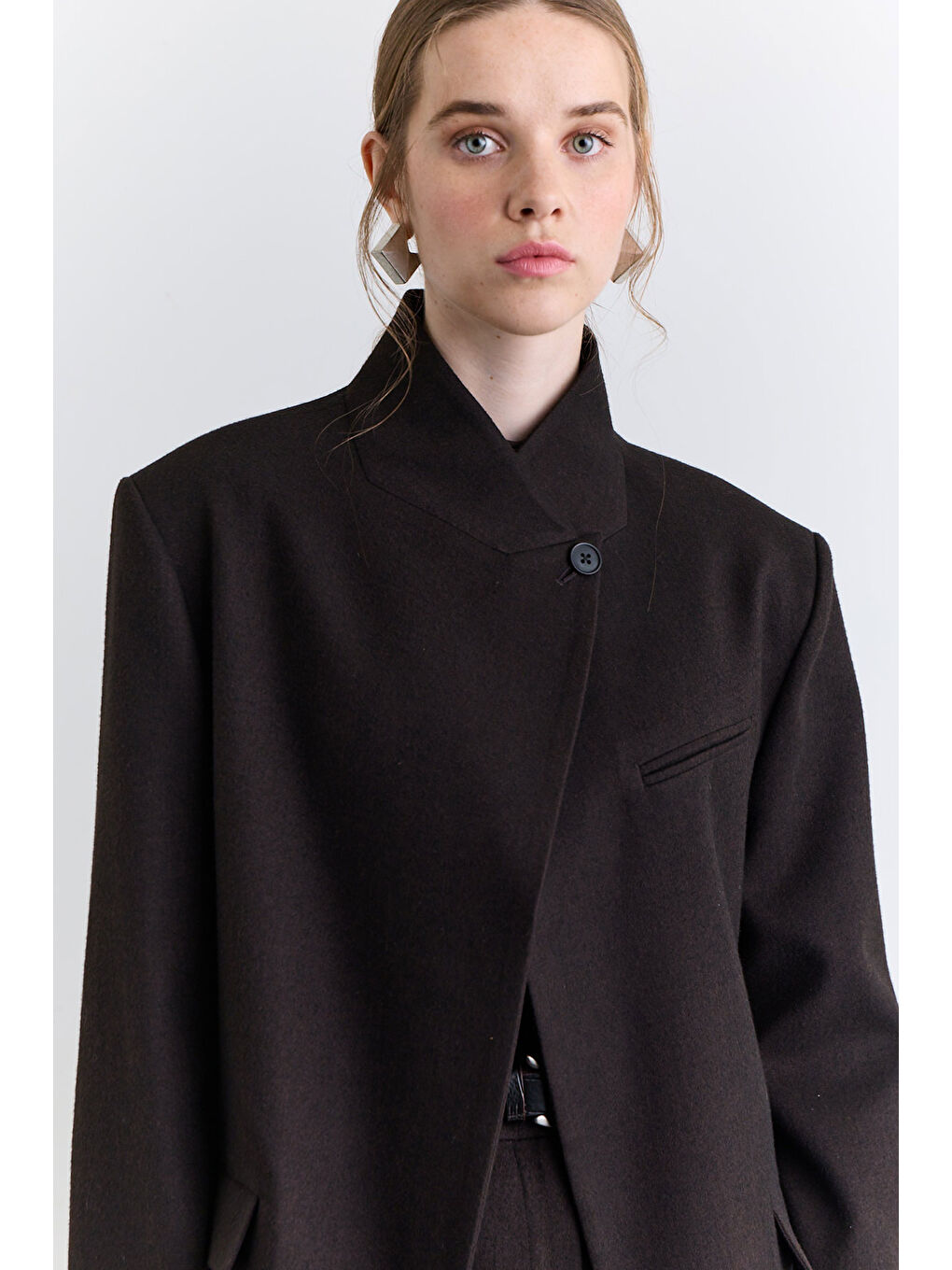 Yüksek Yaka Blazer Ceket Kahverengi-2