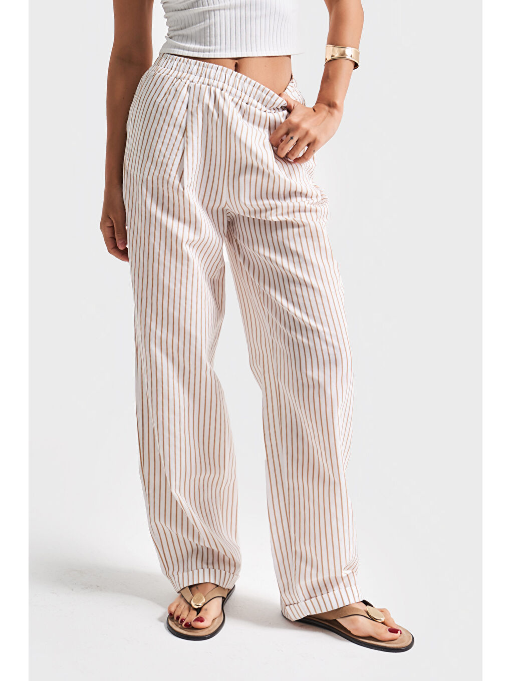 Kahverengi Kadın Kahve Ekru Çizgili Renk s5-57 Rahat Kesim Pamuk Kumaş Beli Lastikli Pantolon-4