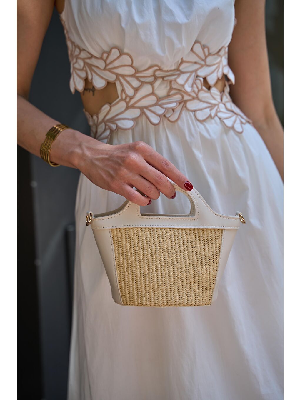 Ekru Mini Hasır Detaylı Çapraz Çanta Krem Hasır-7