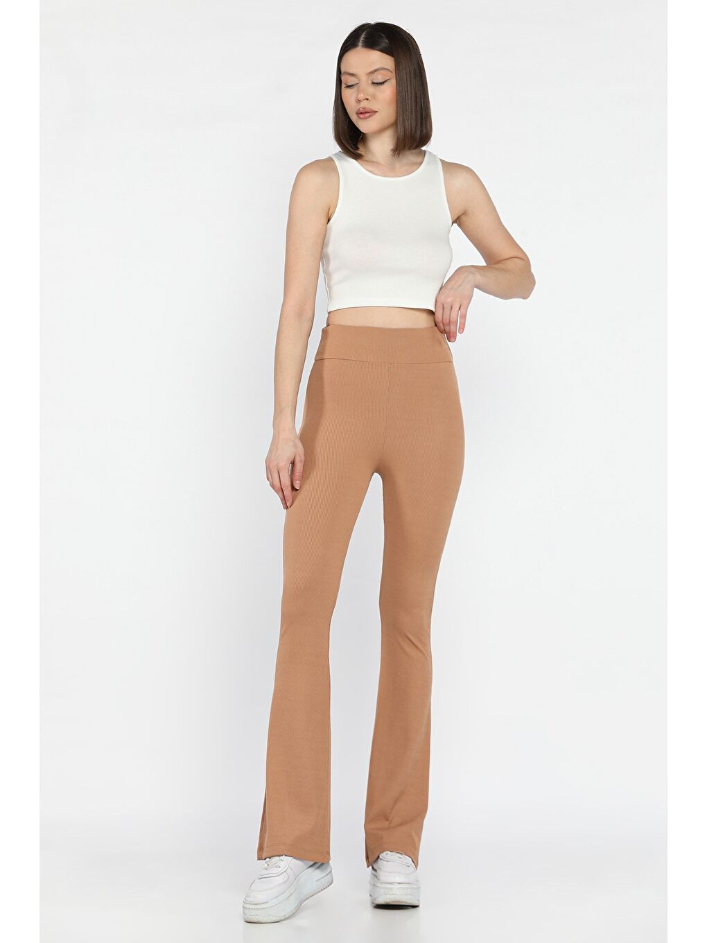 Ekru Kadın Yüksek Bel İspanyol Paça Fitilli Tayt-1