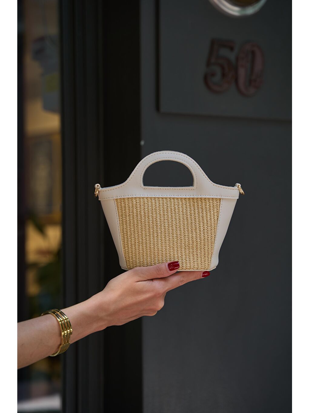 Ekru Mini Hasır Detaylı Çapraz Çanta Krem Hasır-9