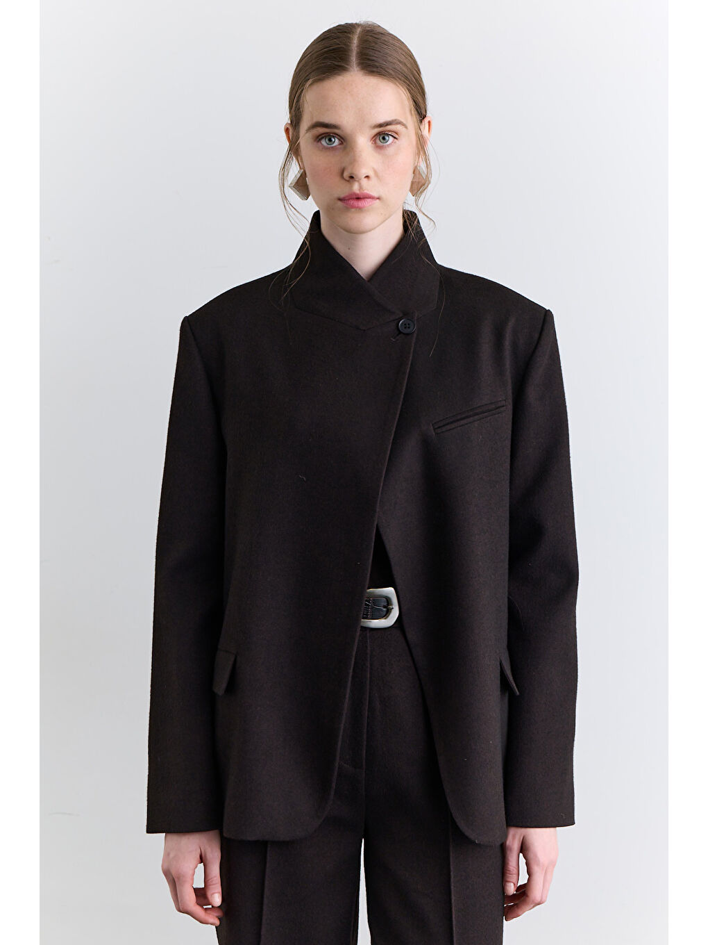 Yüksek Yaka Blazer Ceket Kahverengi-4