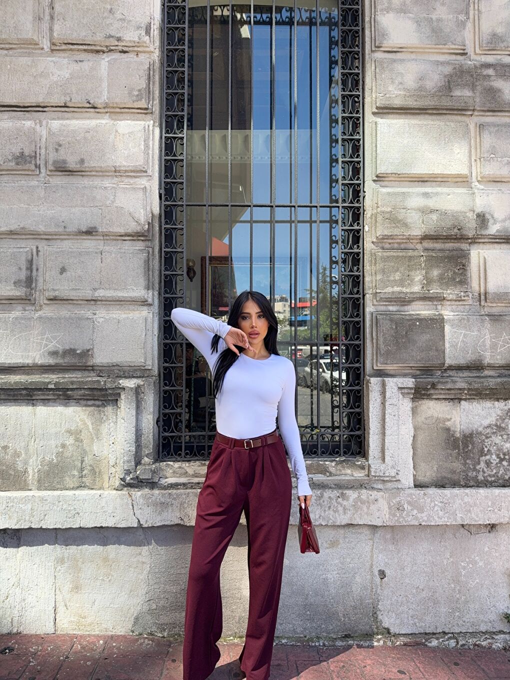 Bordo Kemerli Çift Pile Detay Palazzo Pantolon-2