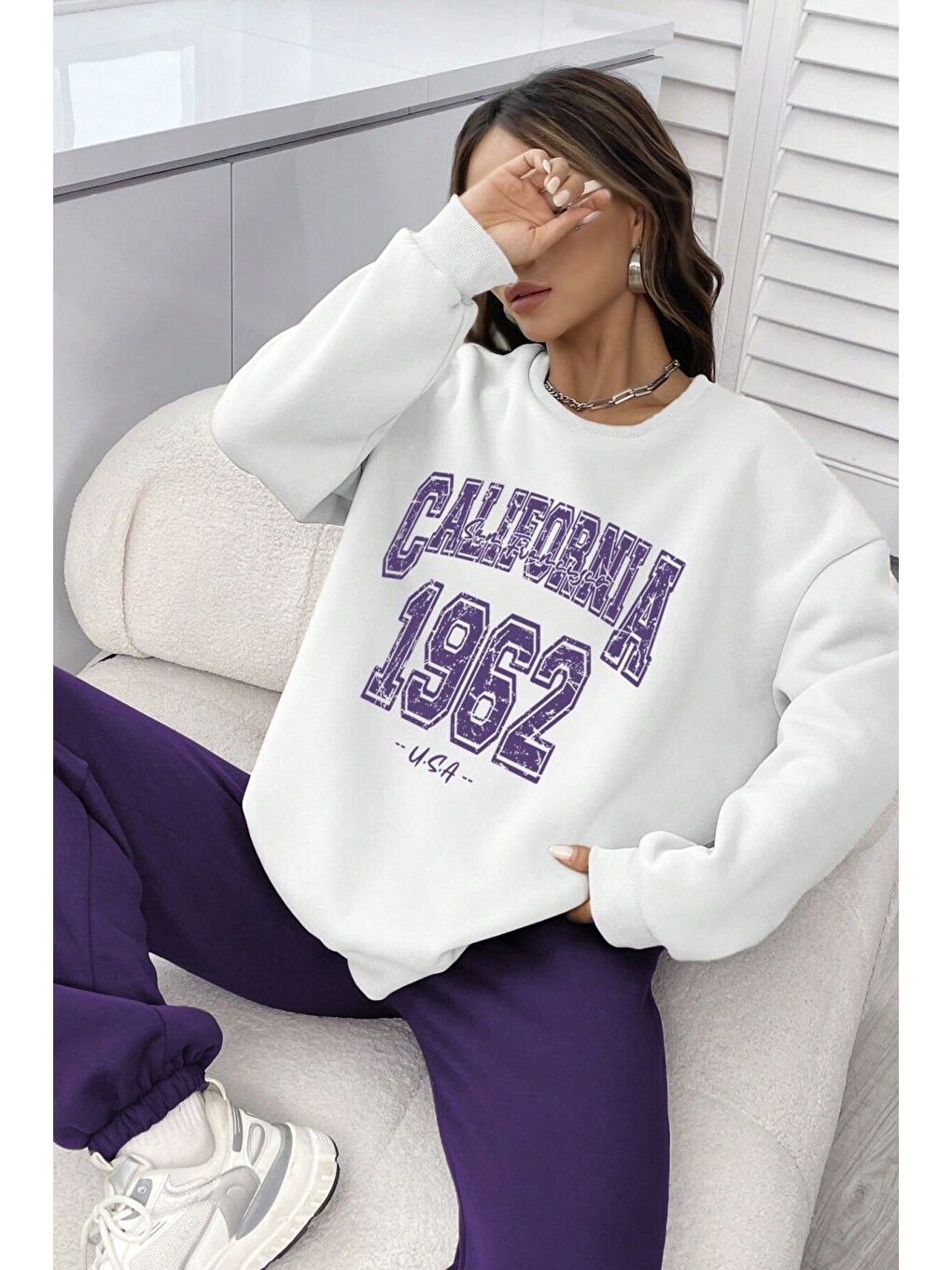 Unisex Mor Beyaz Bisiklet Yaka California Baskılı Alt-Üst Eşofman Takımı-4