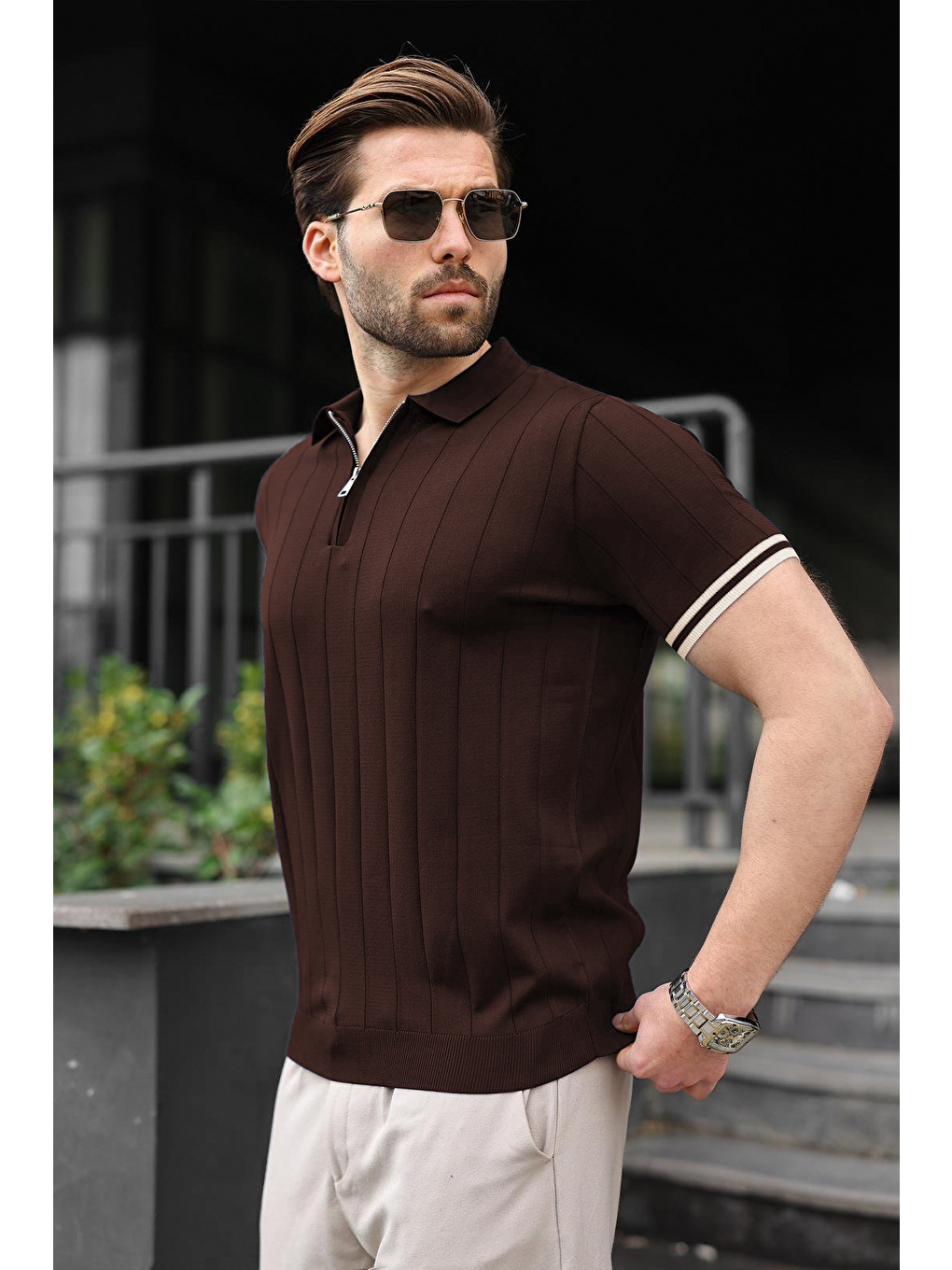Erkek Kahverengi Polo Yaka Fermuarlı Tişört 6876-2