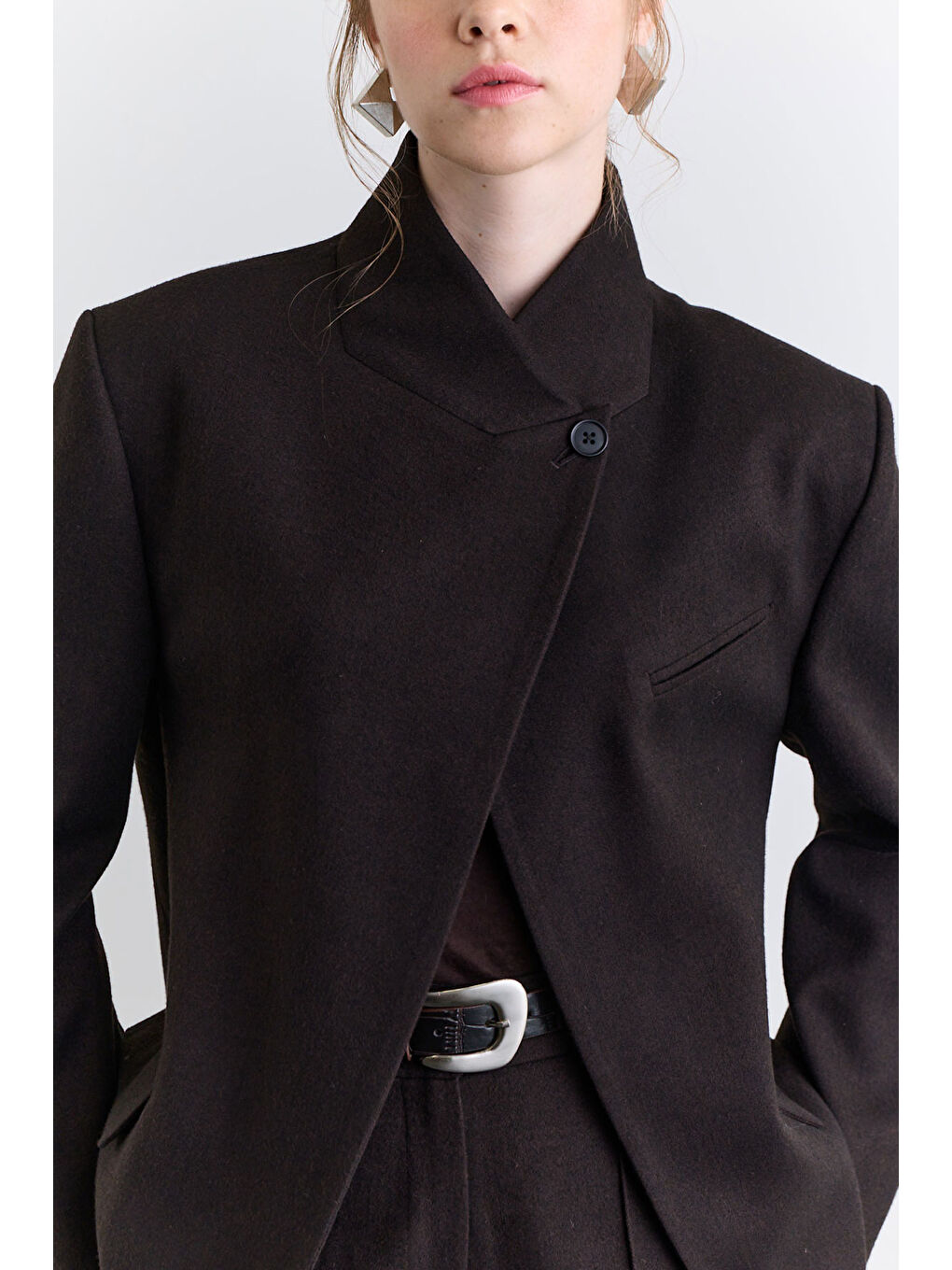 Yüksek Yaka Blazer Ceket Kahverengi-5