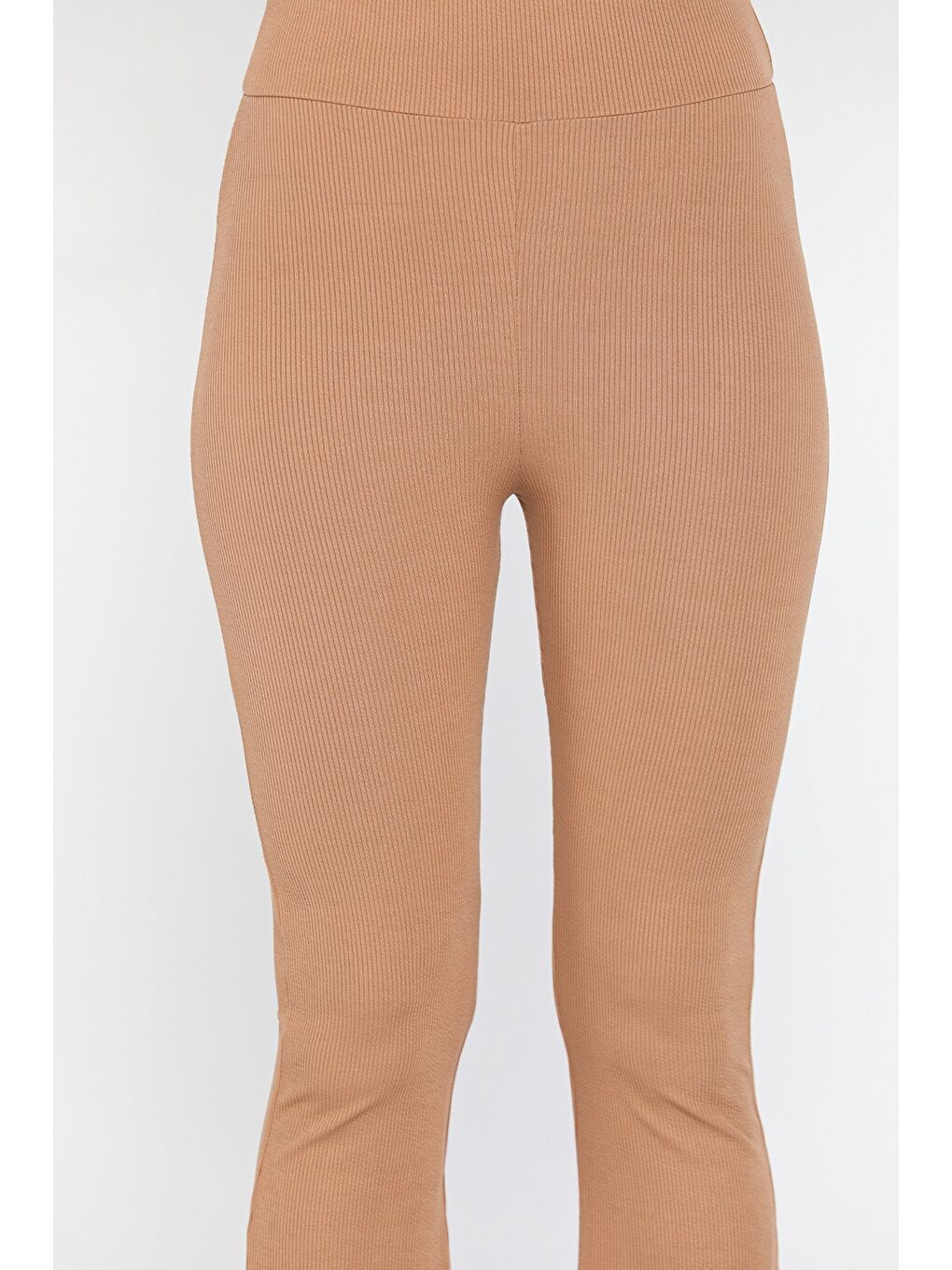 Ekru Kadın Yüksek Bel İspanyol Paça Fitilli Tayt-3