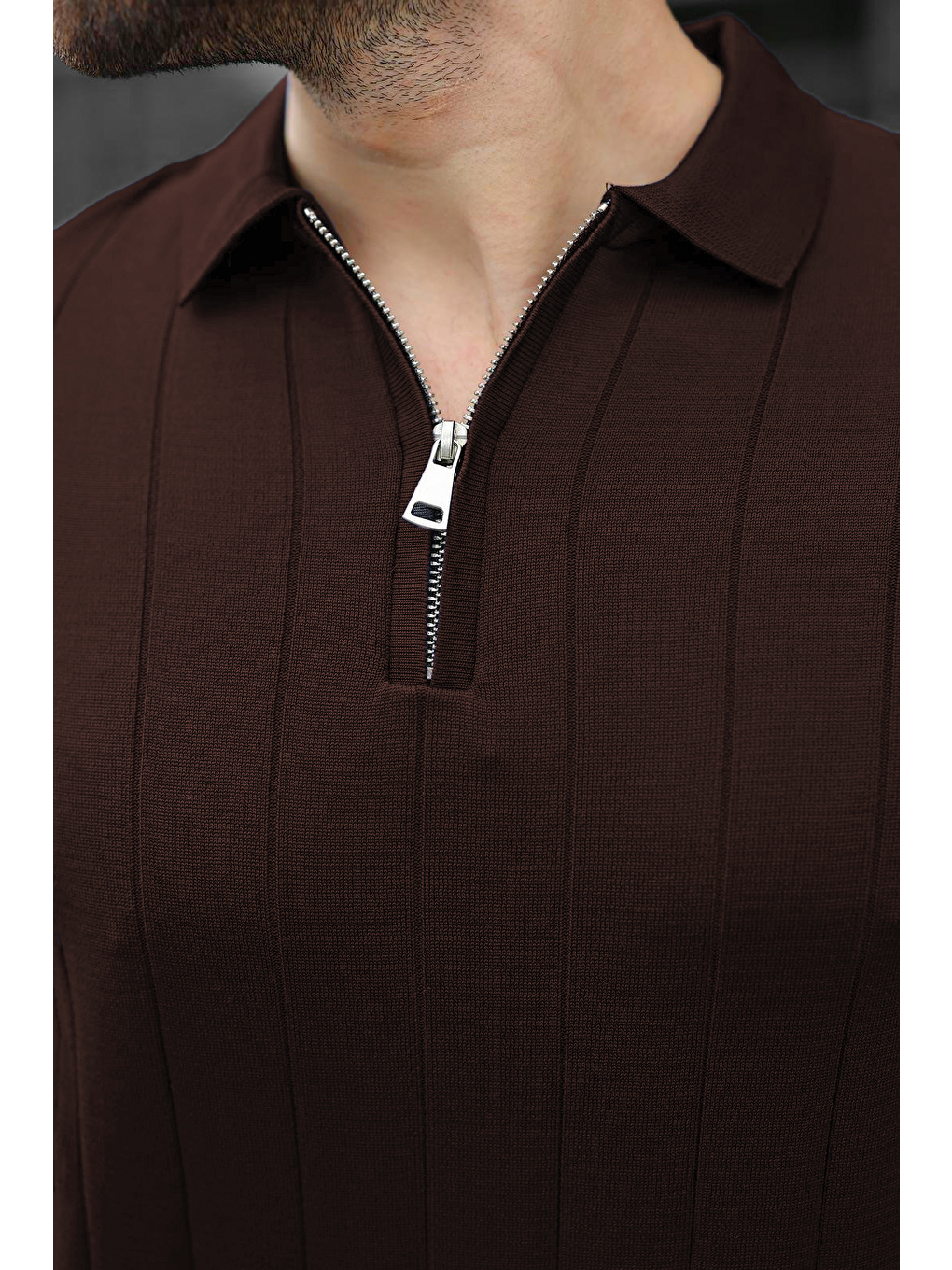 Erkek Kahverengi Polo Yaka Fermuarlı Tişört 6876-3