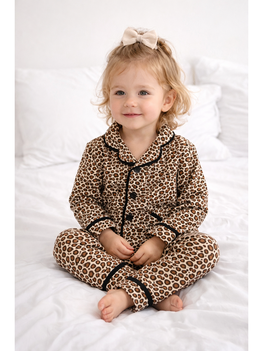 Kahverengi Kız Bebek Çocuk Leopar Desenli Pijama Takımı Gömlekli Pamuklu-1