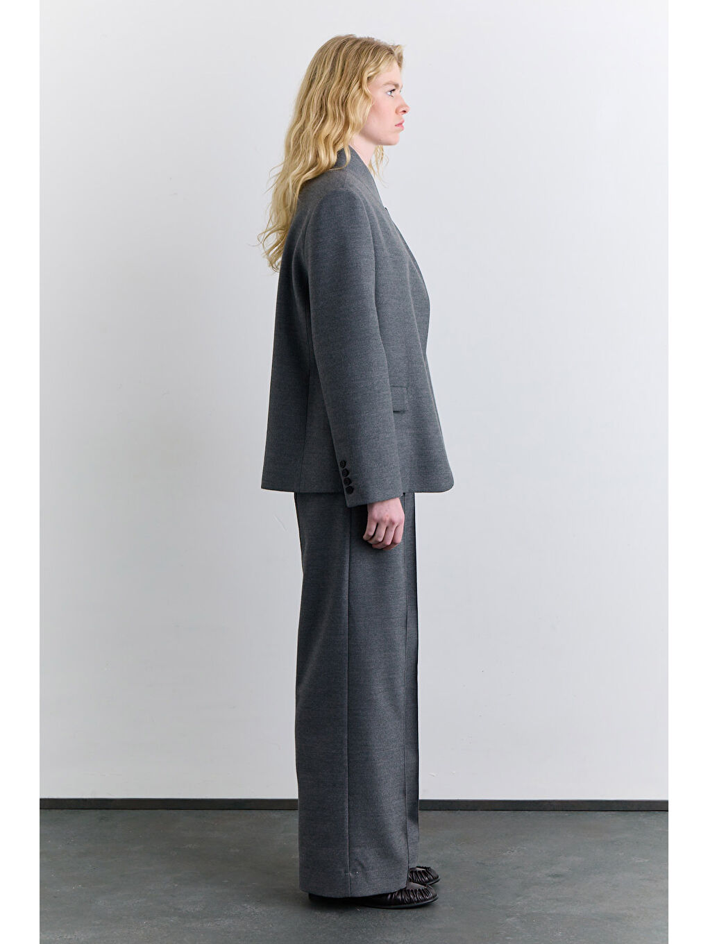 Yüksek Yaka Blazer Ceket Gri-3