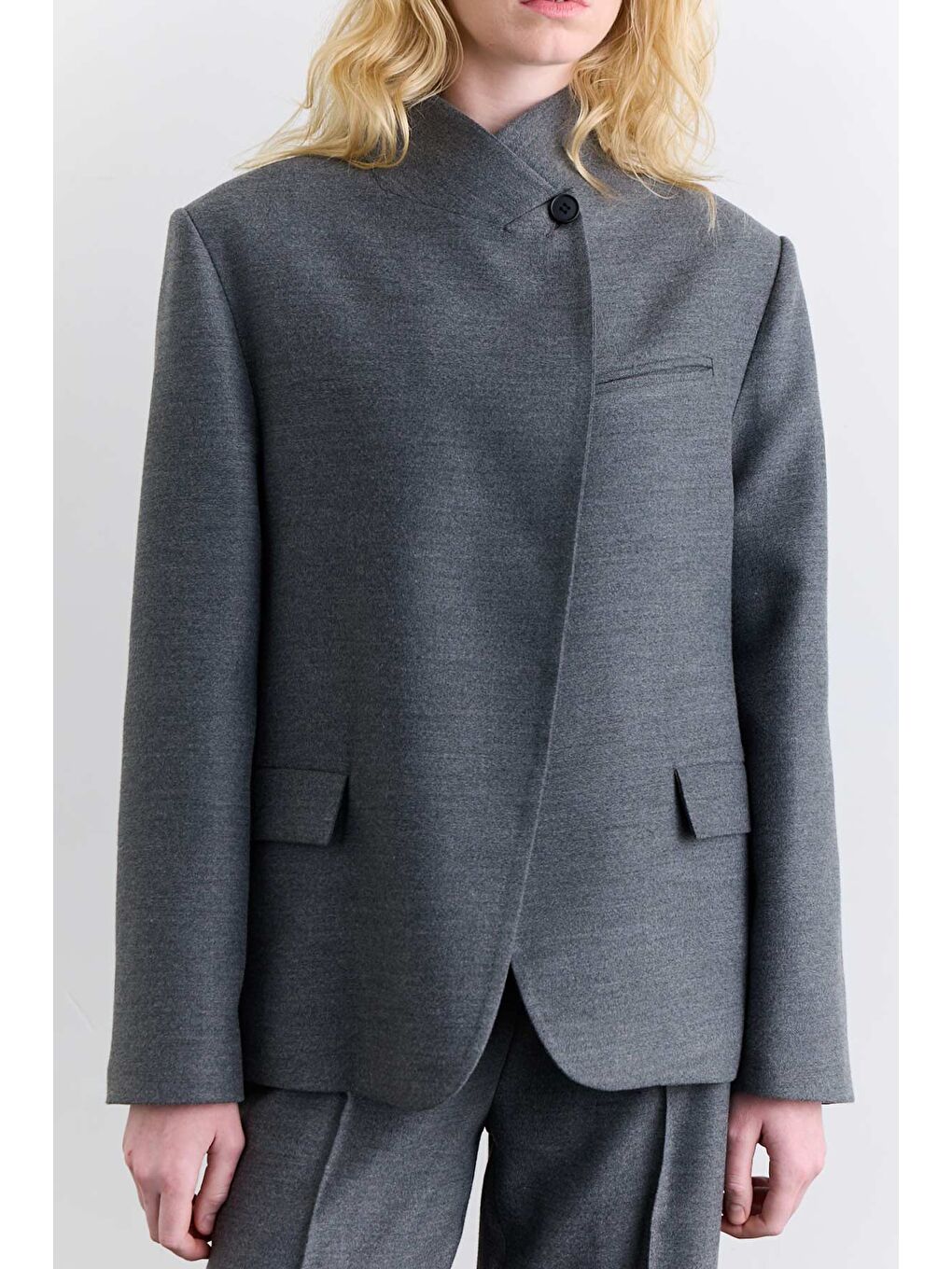 Yüksek Yaka Blazer Ceket Gri-4
