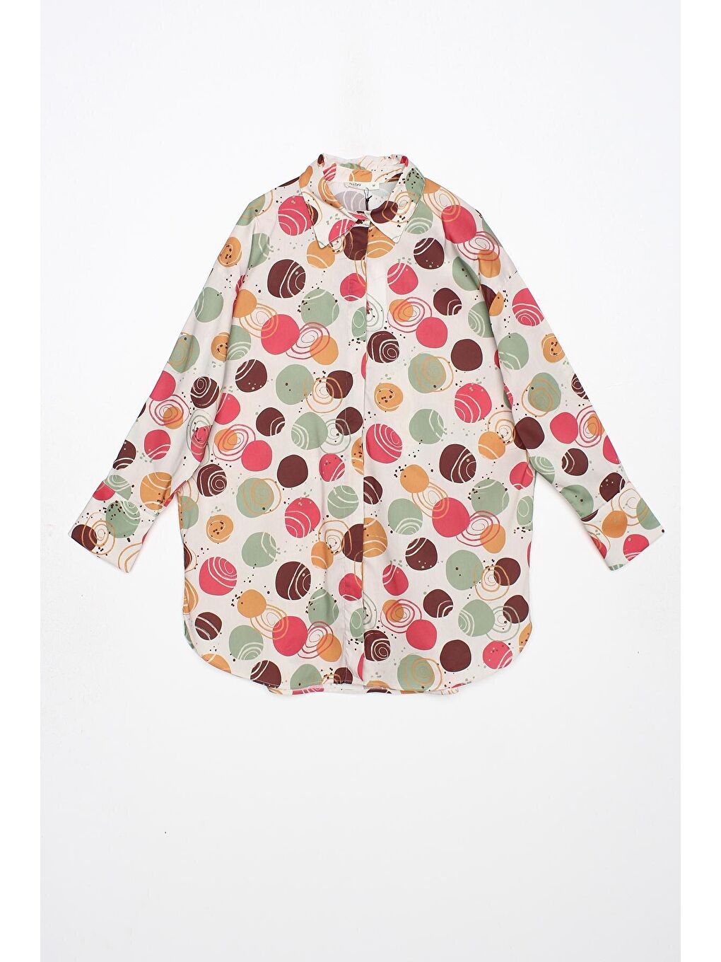 Bej-Yeşil %100 Pamuk Gizli Patlı Oversize Desenli Gömlek Tunik-4