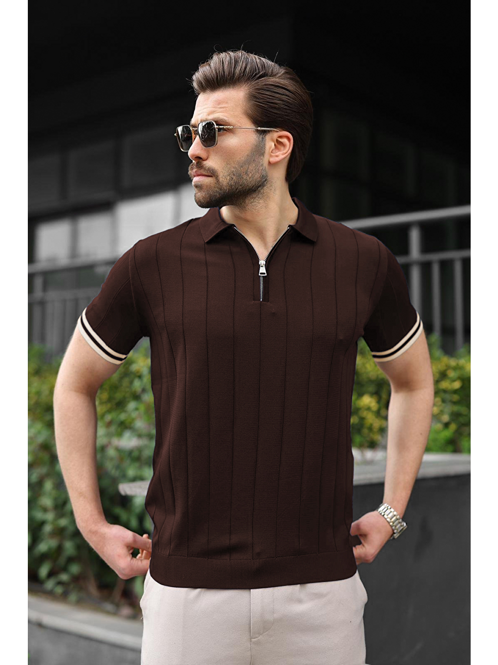 Erkek Kahverengi Polo Yaka Fermuarlı Tişört 6876-4