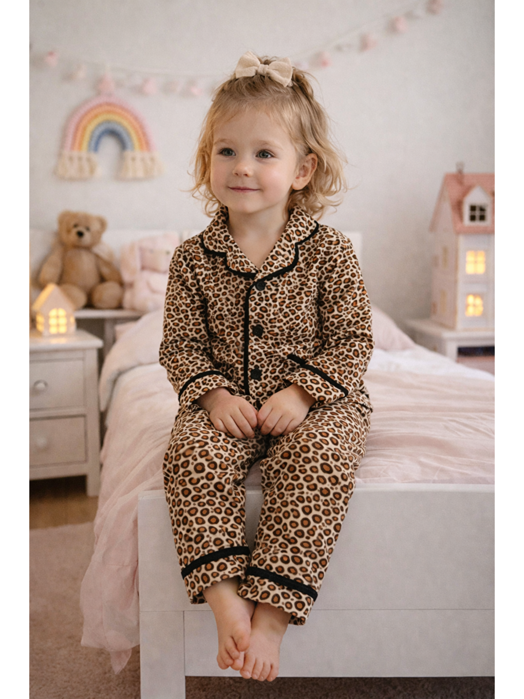 Kahverengi Kız Bebek Çocuk Leopar Desenli Pijama Takımı Gömlekli Pamuklu-2