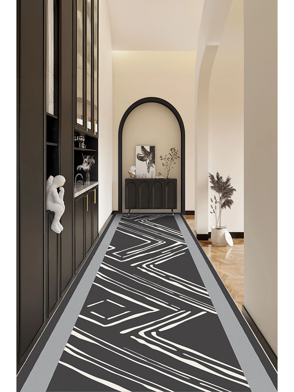 Gri Dekoratif Salon Halısı, Makinada Yıkanabilir, Kaymaz Taban, İnce & Modern Tasarım-4