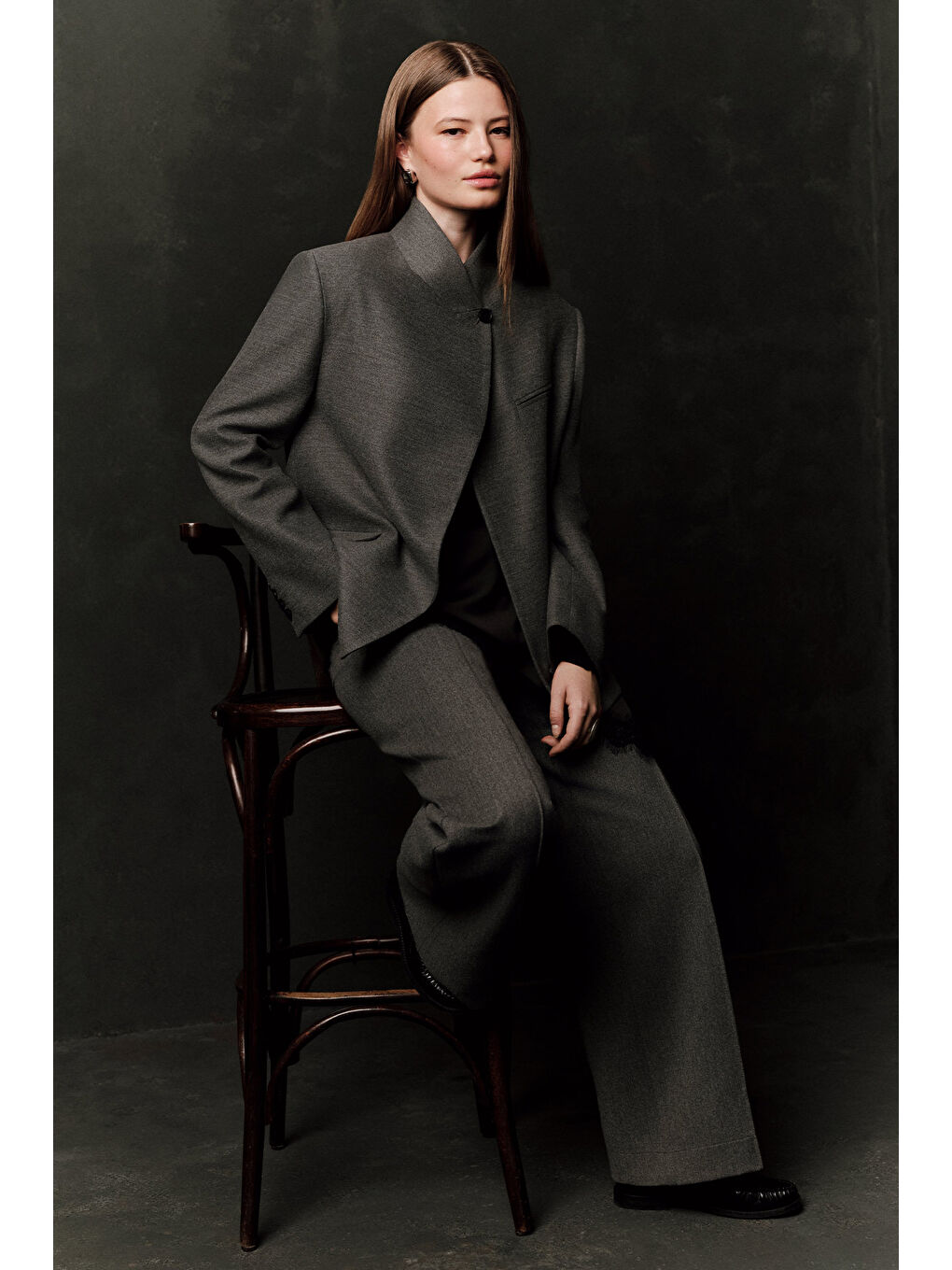 Yüksek Yaka Blazer Ceket Gri-6