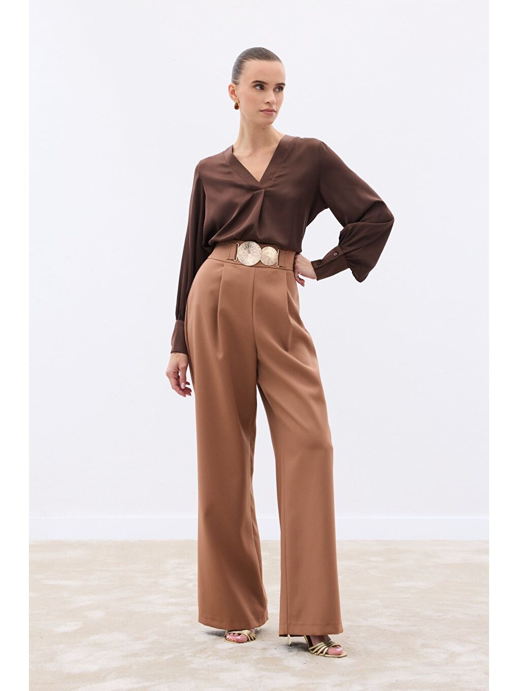 Kahverengi Aksesuarlı Pantolon - Camel-3
