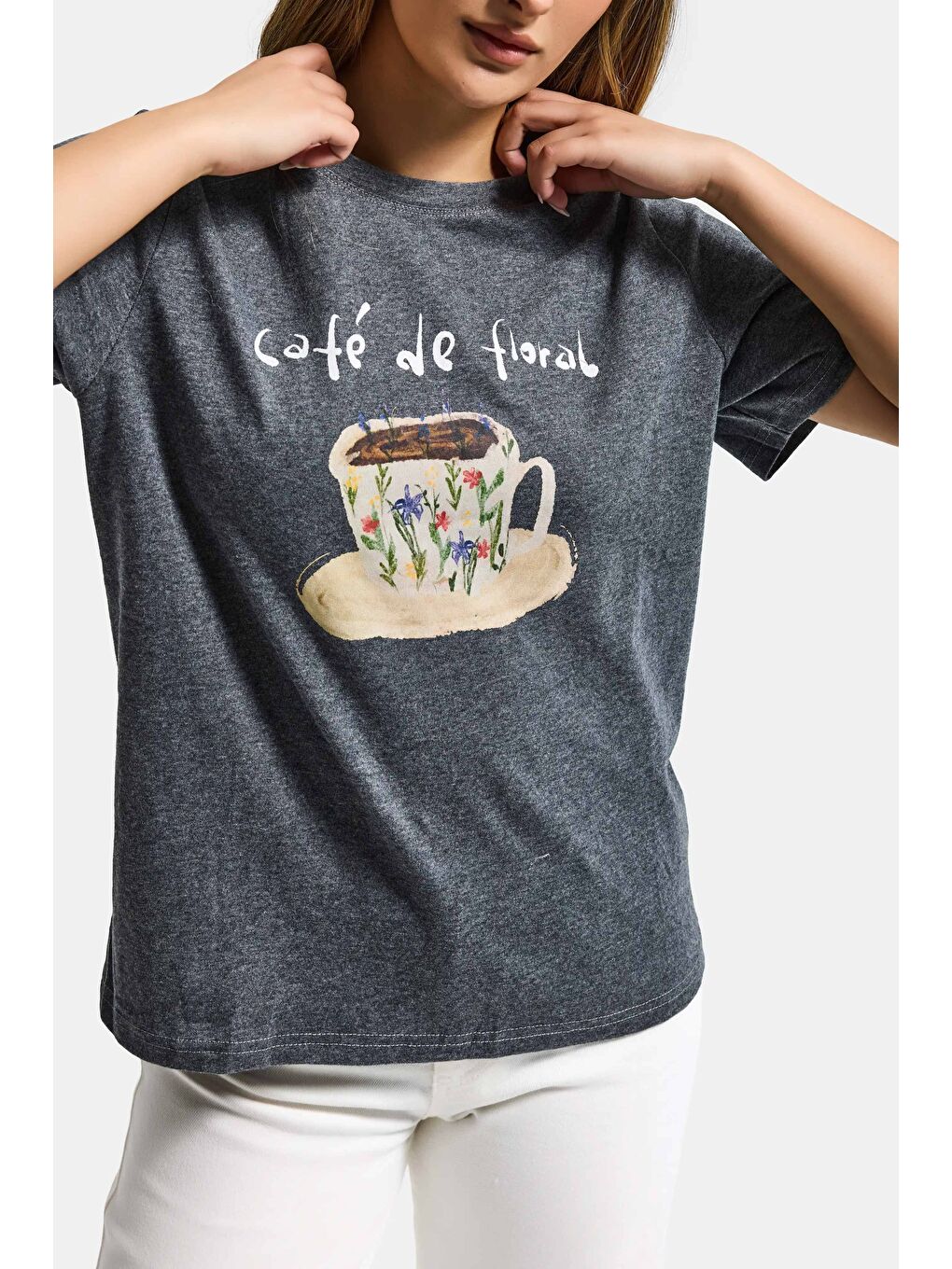 Kadın Gri w5 Oversize Özel Baskılı Tasarım T-Shirt-2