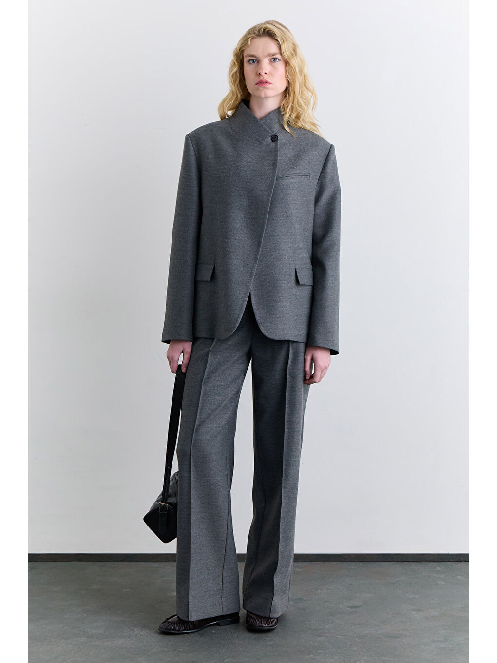 Yüksek Yaka Blazer Ceket Gri-8