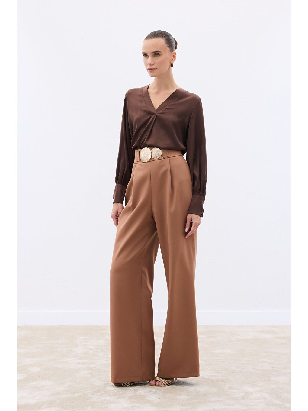 Kahverengi Aksesuarlı Pantolon - Camel-4