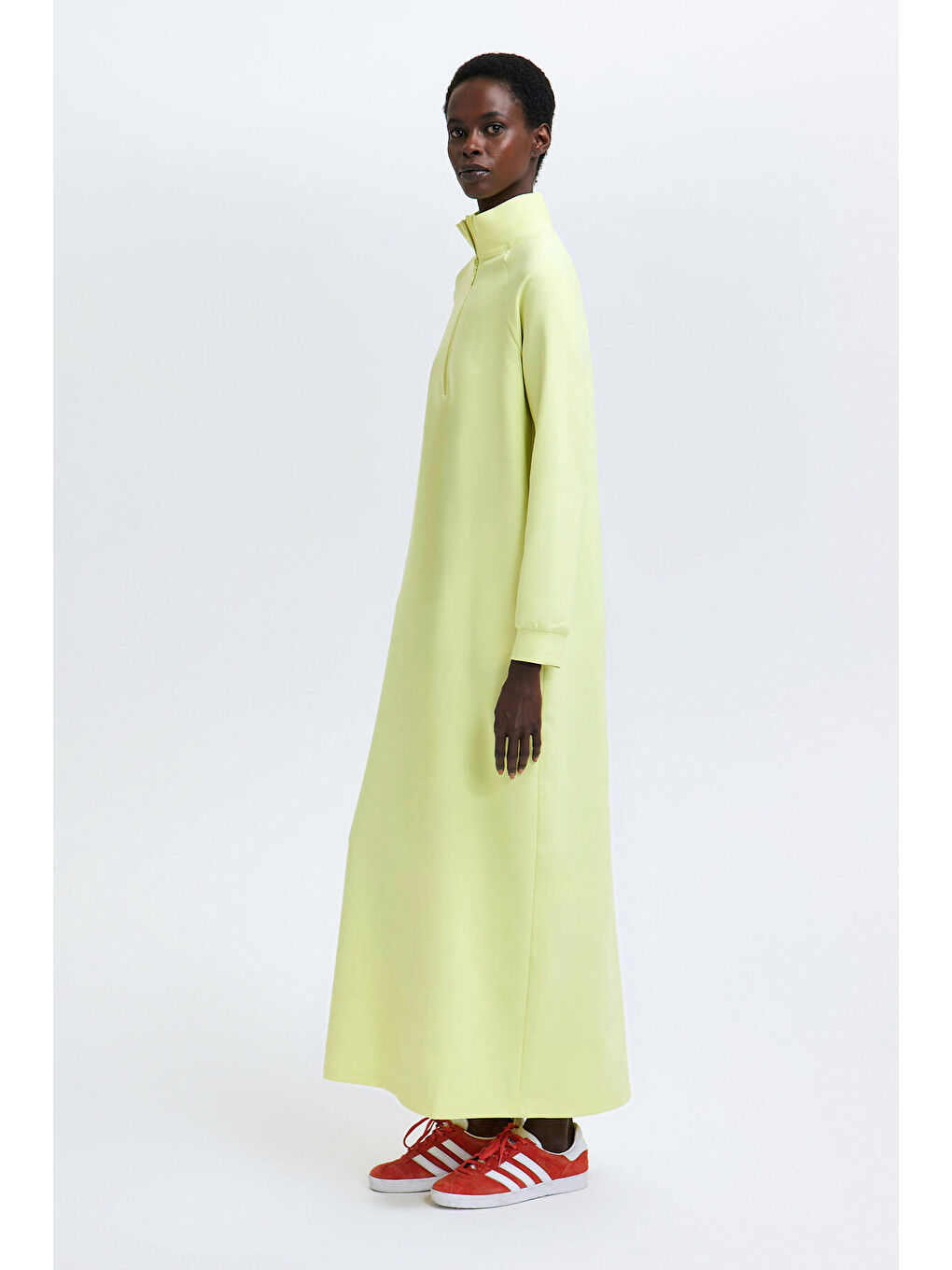 Sarı Fermuarlı Krep Elbise-3