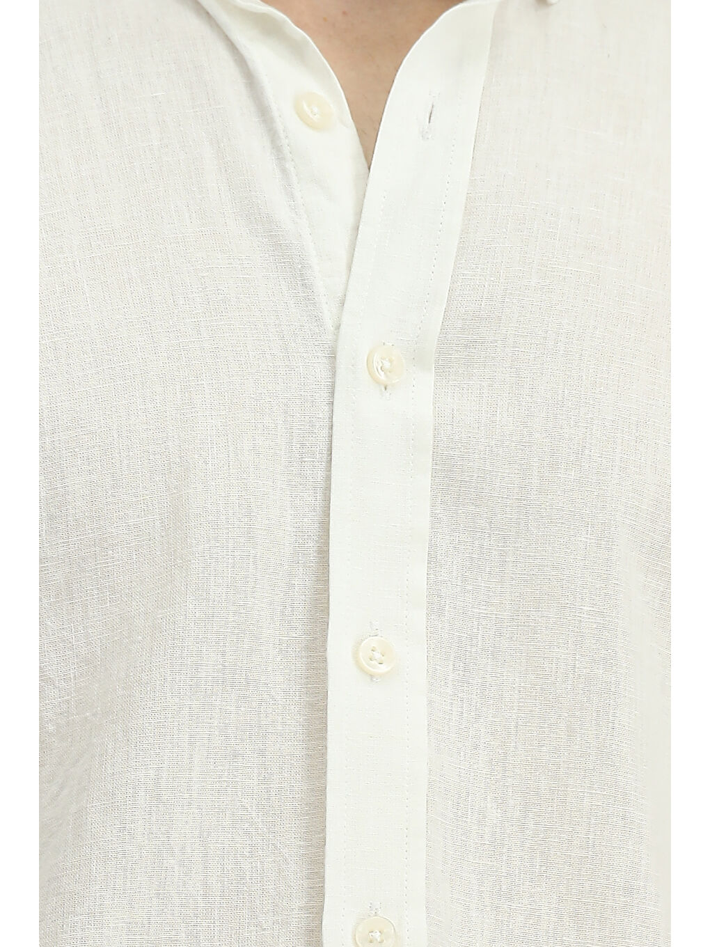 Beyaz Uzun Kol Regular Fit Düğmeli Yaka Pamuklu Keten Gömlek-5