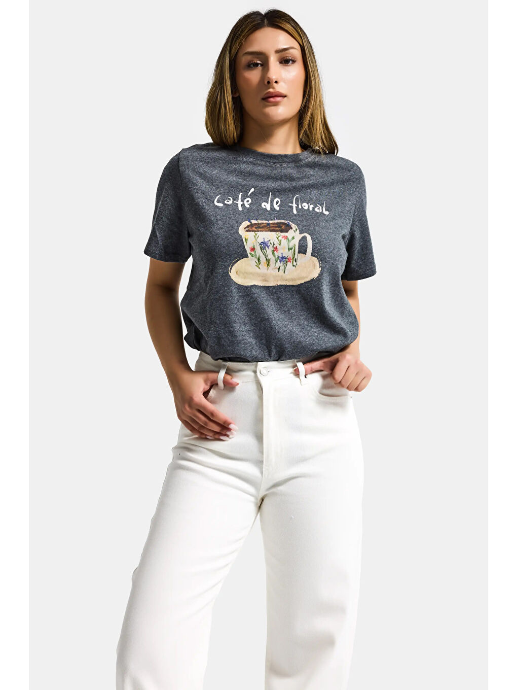 Kadın Gri w5 Oversize Özel Baskılı Tasarım T-Shirt-3