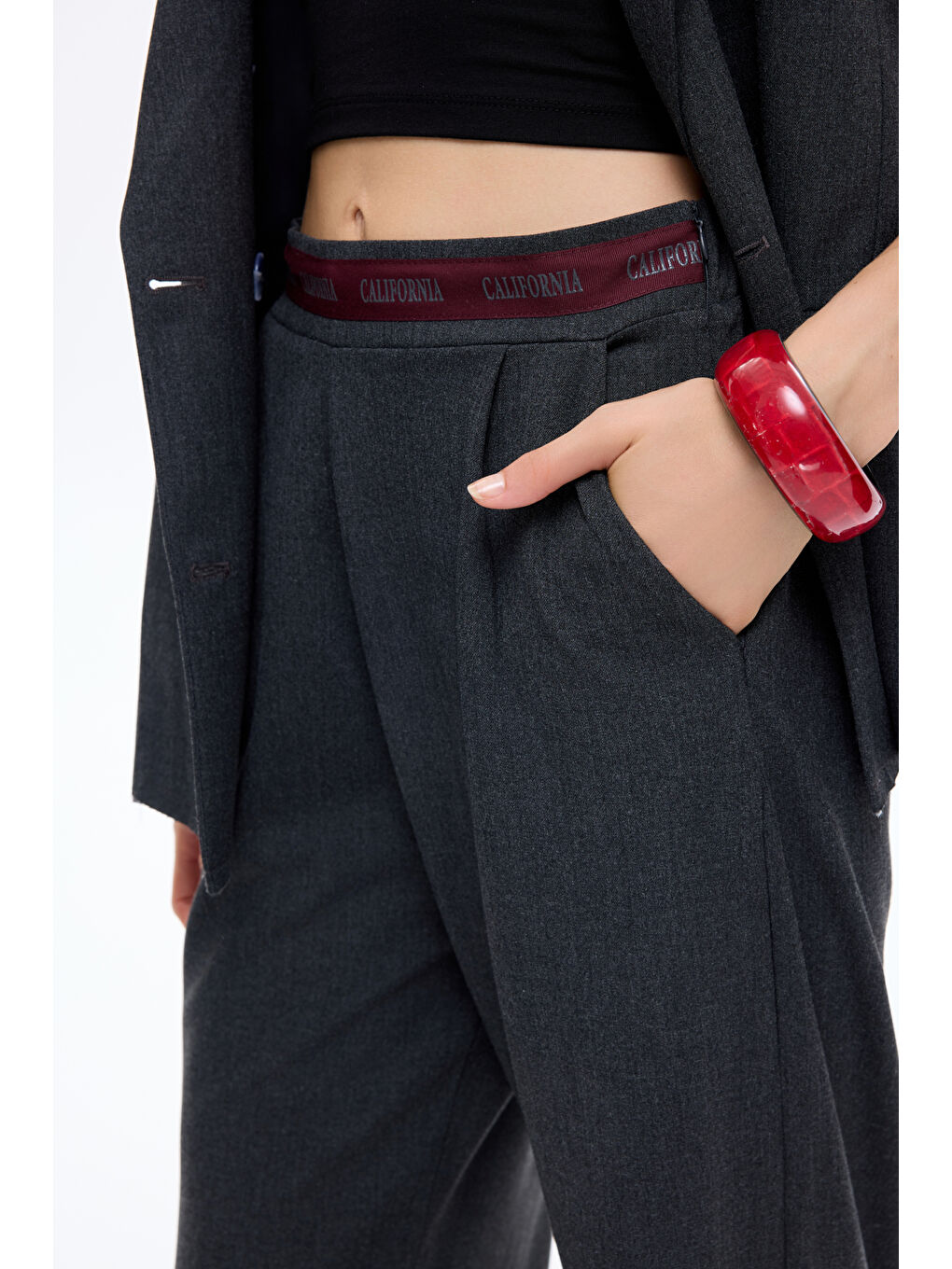 Pensli Şerit Bel Detaylı Bol Paça Pantolon Antrasit-2