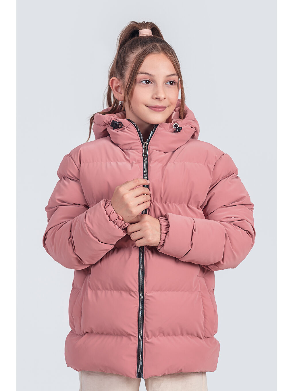 Pembe Kız Çocuk Kapüşonlu Nova Kumaş Kışlık Mont KM1010-1