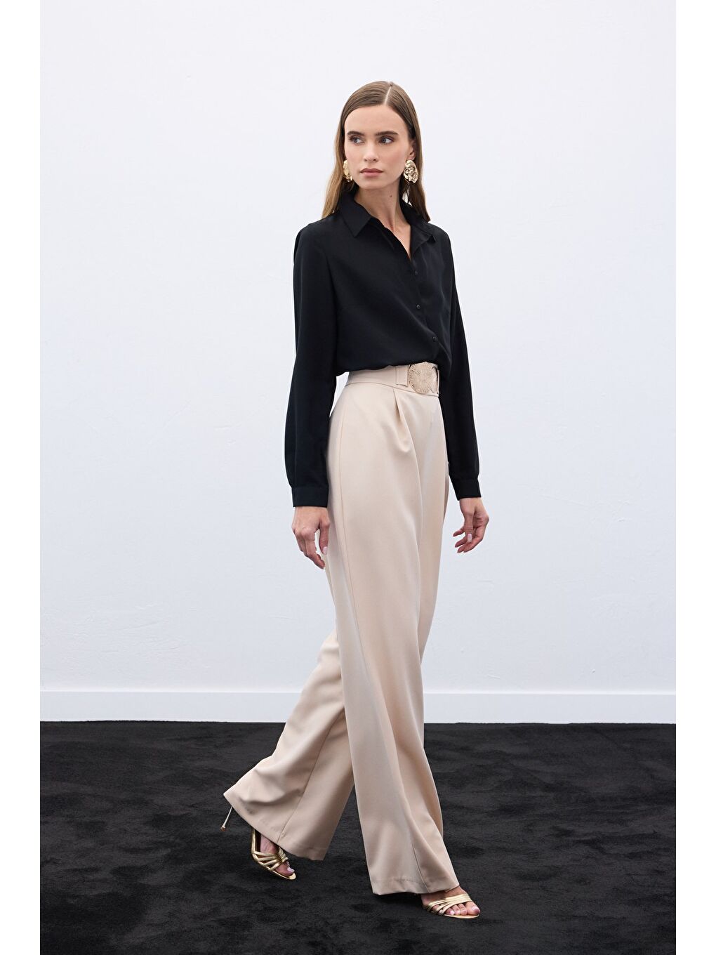 Aksesuarlı Pantolon - Bej-3