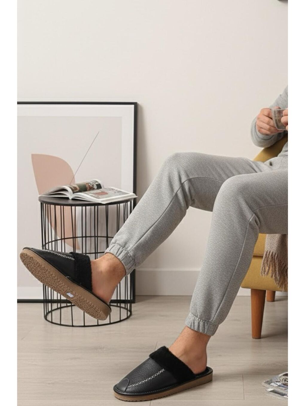Siyah Bets Pofuduk Suni Deri İçi Kürklü Erkek Ev Terliği Ses Yapmaz Taban Misafir Terliği-2