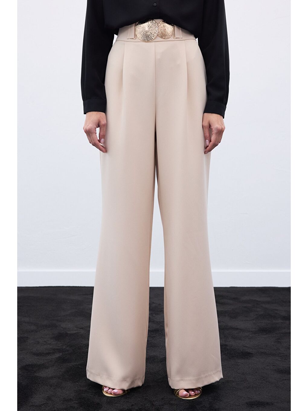 Aksesuarlı Pantolon - Bej-4