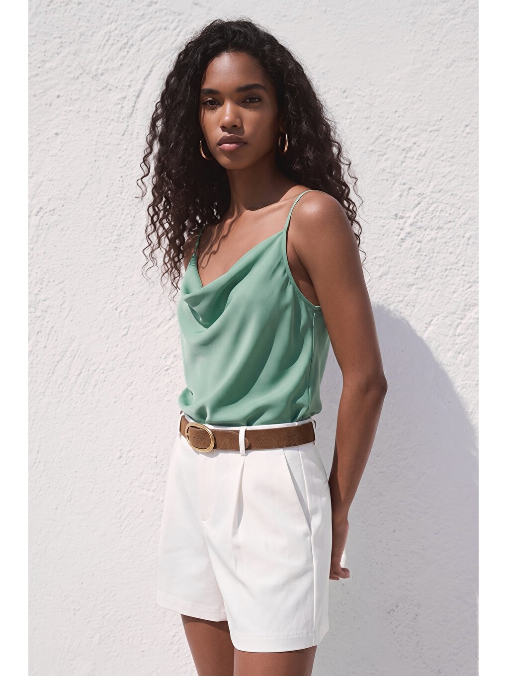Yeşil Askılı Degaje Yaka Bluz - Mint-2