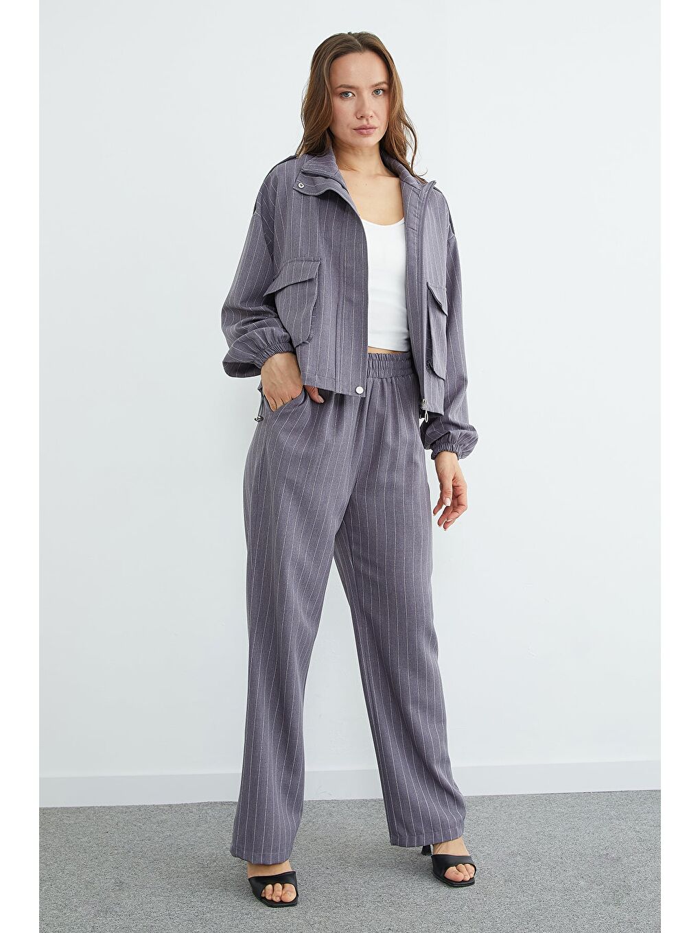 Antrasit Çizgili Beli Stoperli Fermuarlı 2 Li Takım-2