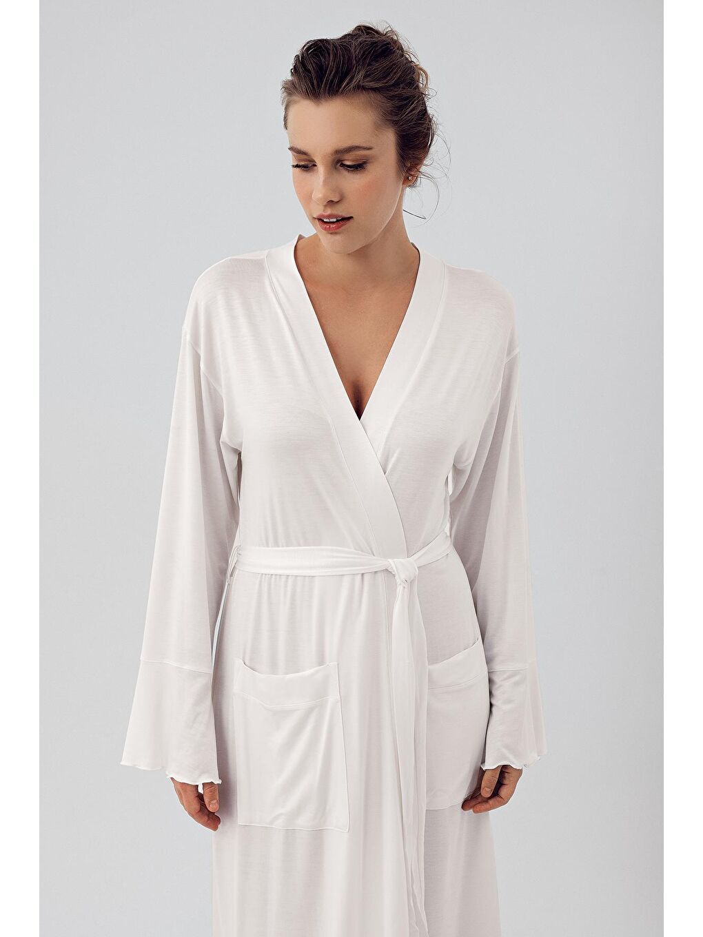 Ekru Uzun Kollu Esnek Elastanlı Viskon Sabahlık 16509-1