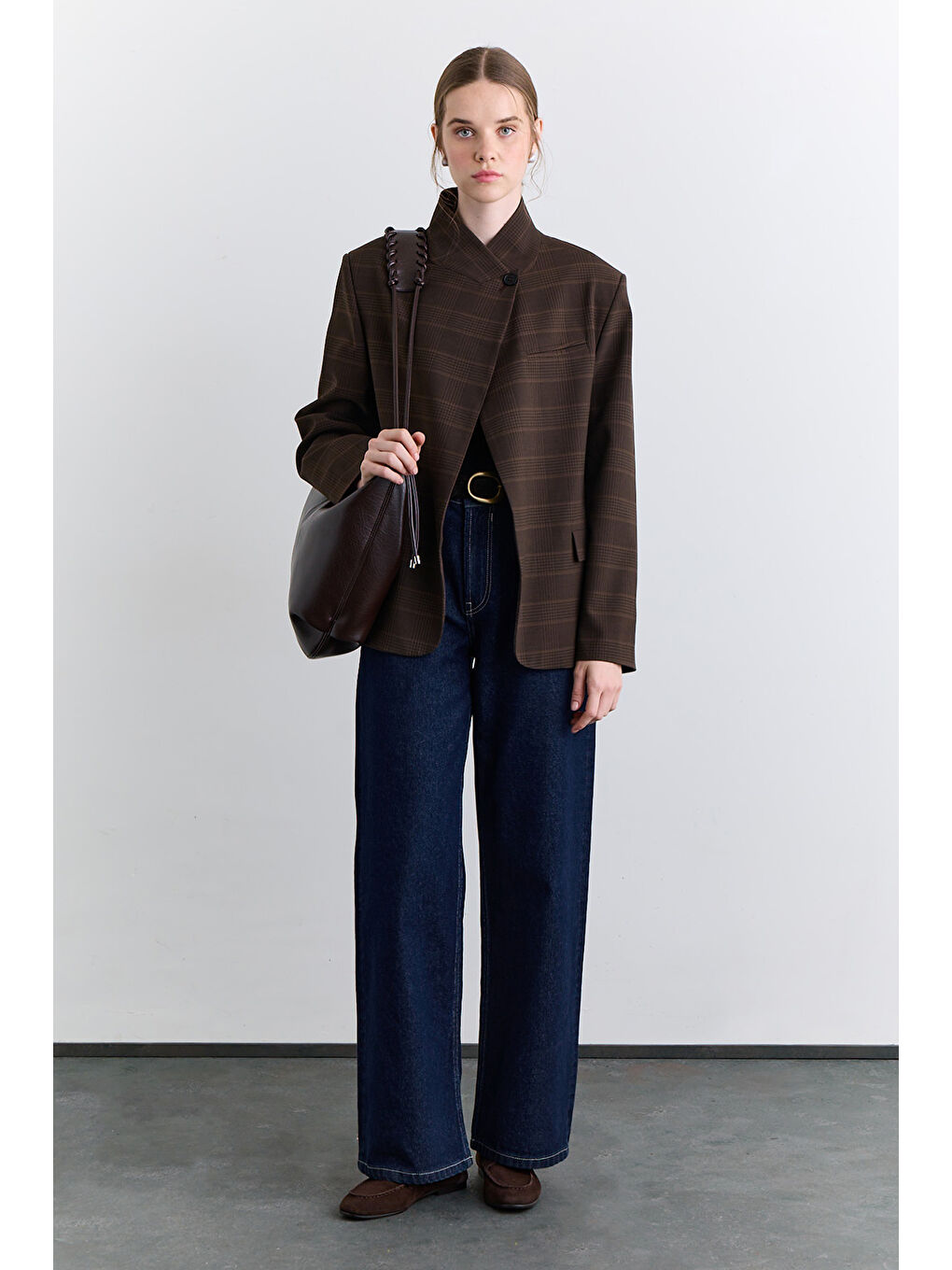 Karışık Yüksek Yaka Blazer Ceket Ekose