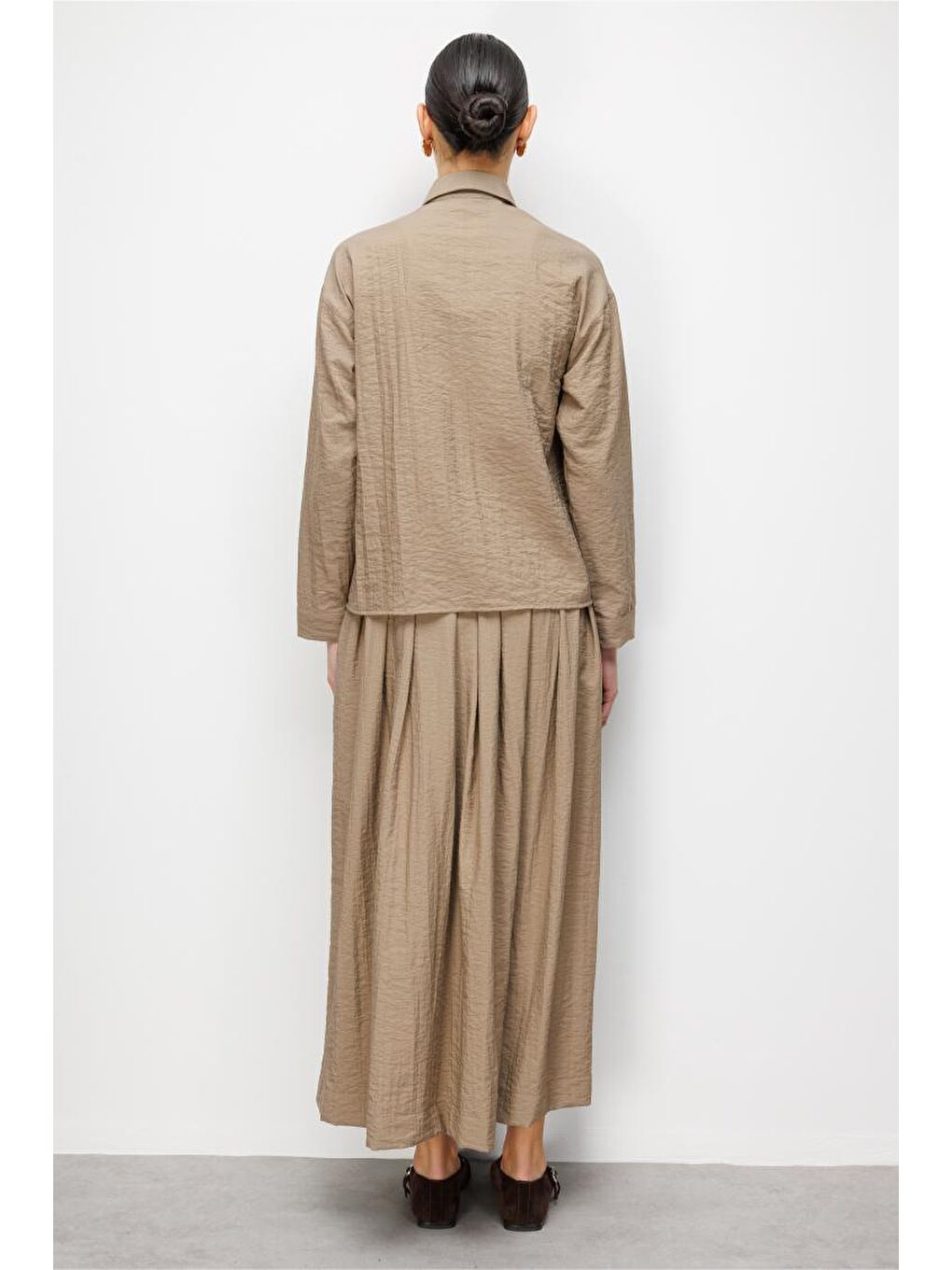 Bej Teknik Kumaş Fermuarlı Vizon Rengi Ceket Gömlek-5