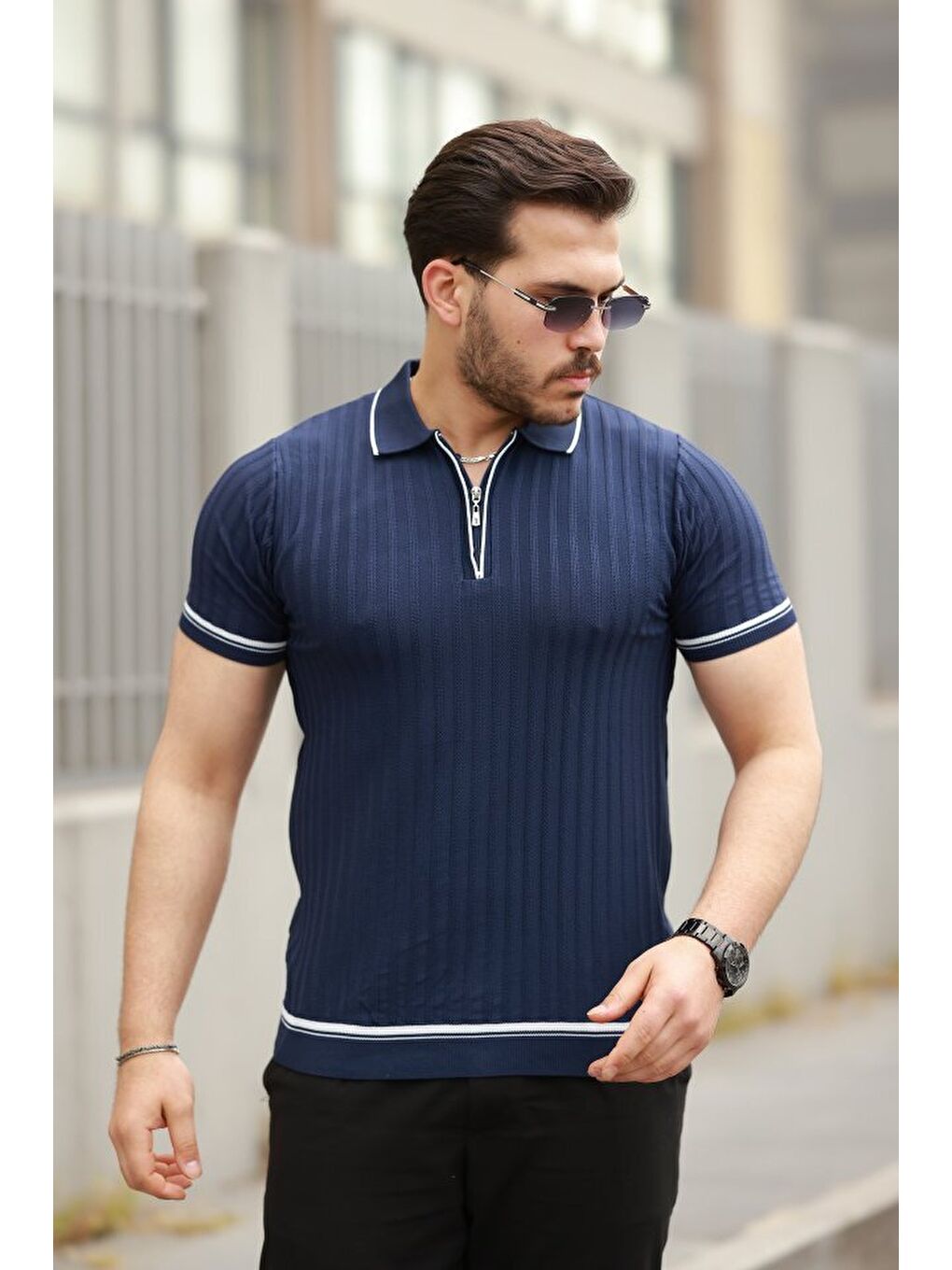 Lacivert Erkek Fermuarlı Yakalı Kısa Kollu T-shirt