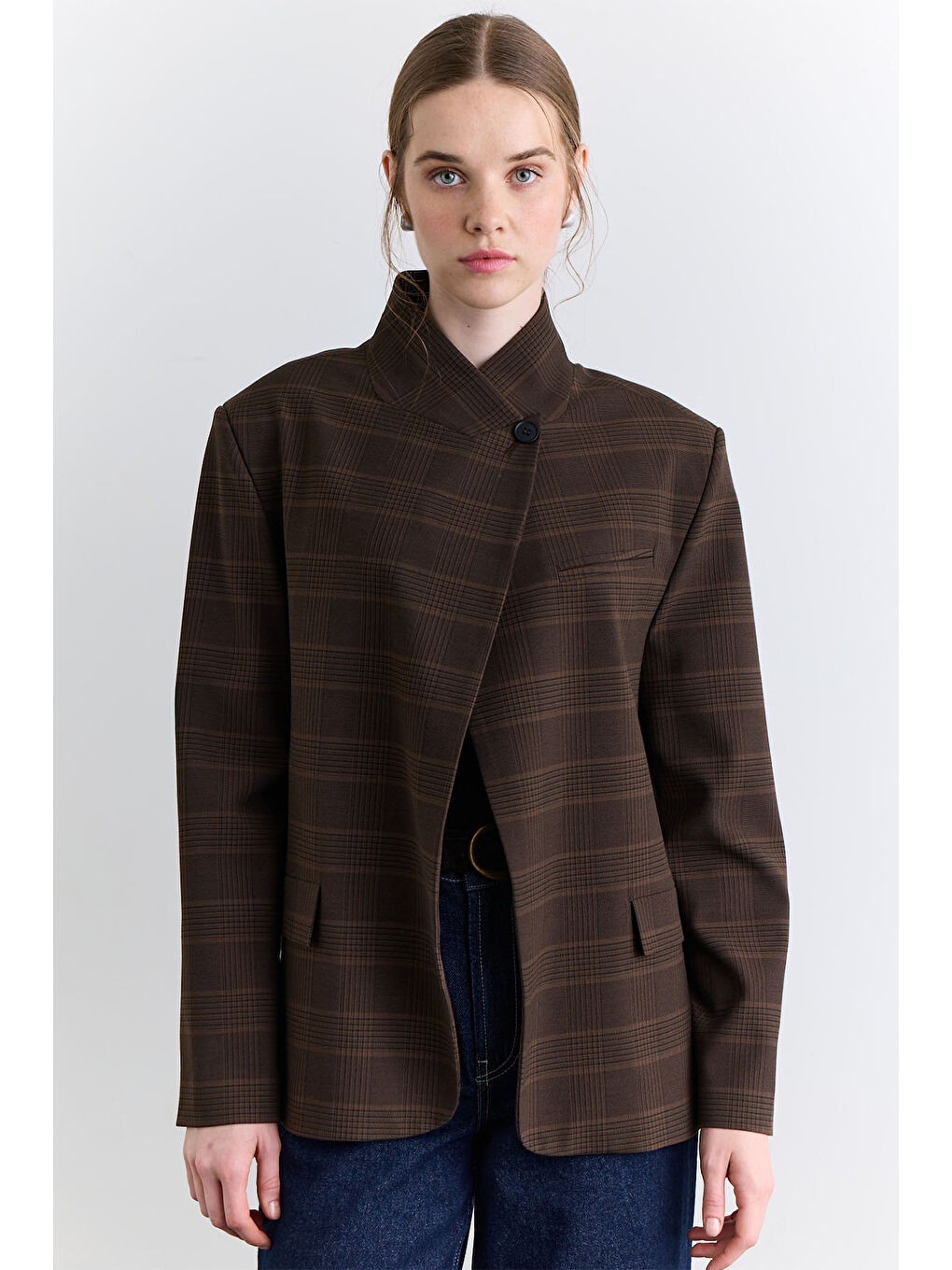 Karışık Yüksek Yaka Blazer Ceket Ekose-1