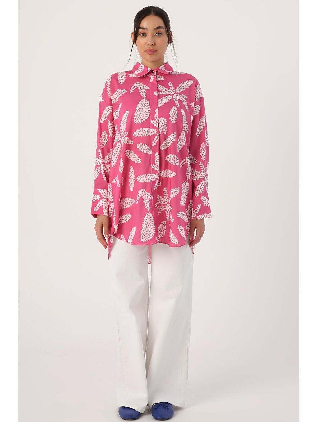 Pembe-Beyaz %100 Pamuk Gizli Patlı Oversize Desenli Gömlek Tunik-1