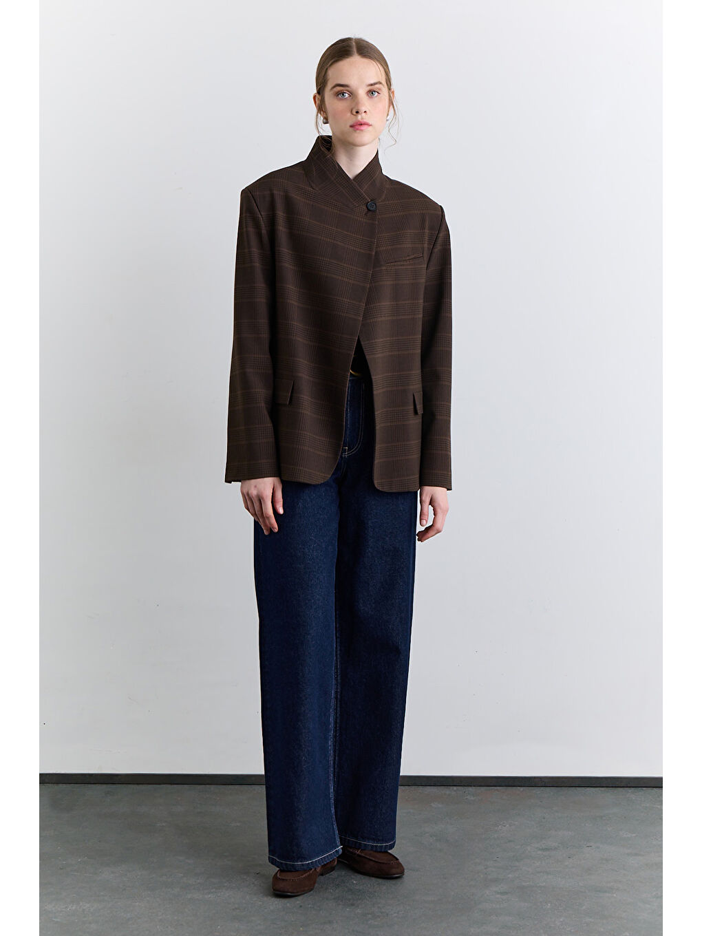 Karışık Yüksek Yaka Blazer Ceket Ekose-2