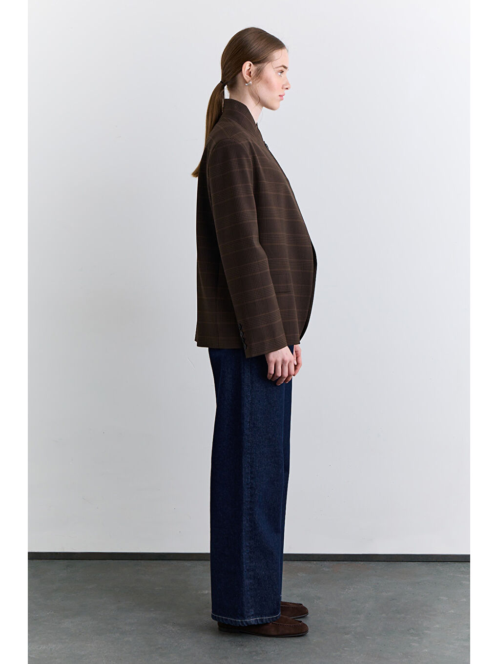 Karışık Yüksek Yaka Blazer Ceket Ekose-3