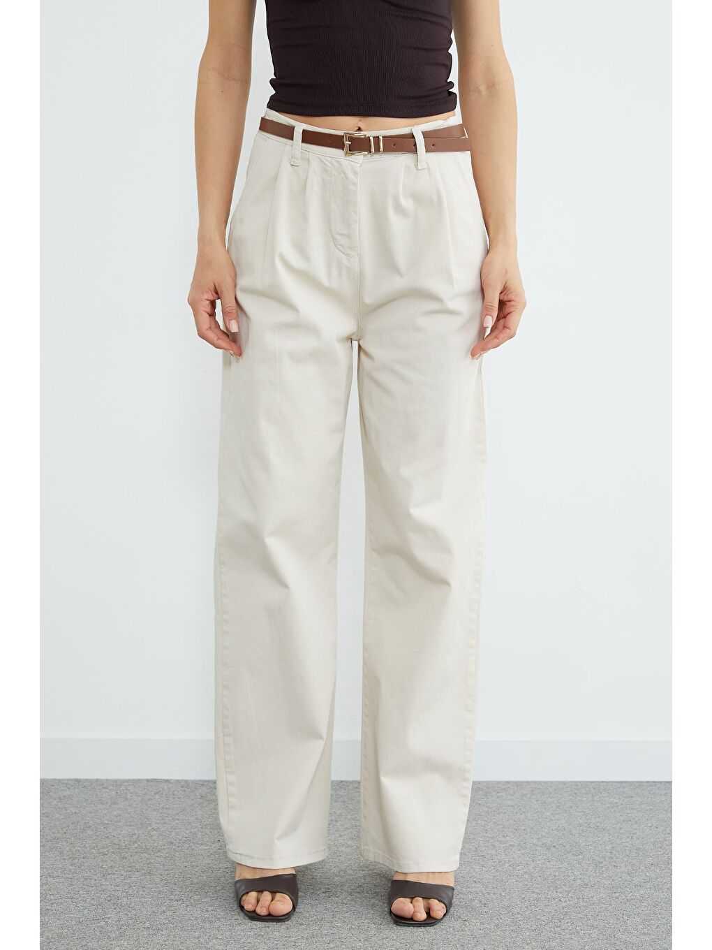 Bej Beli Lastikli Kemerli Gabardin Palazzo Pantolon-1