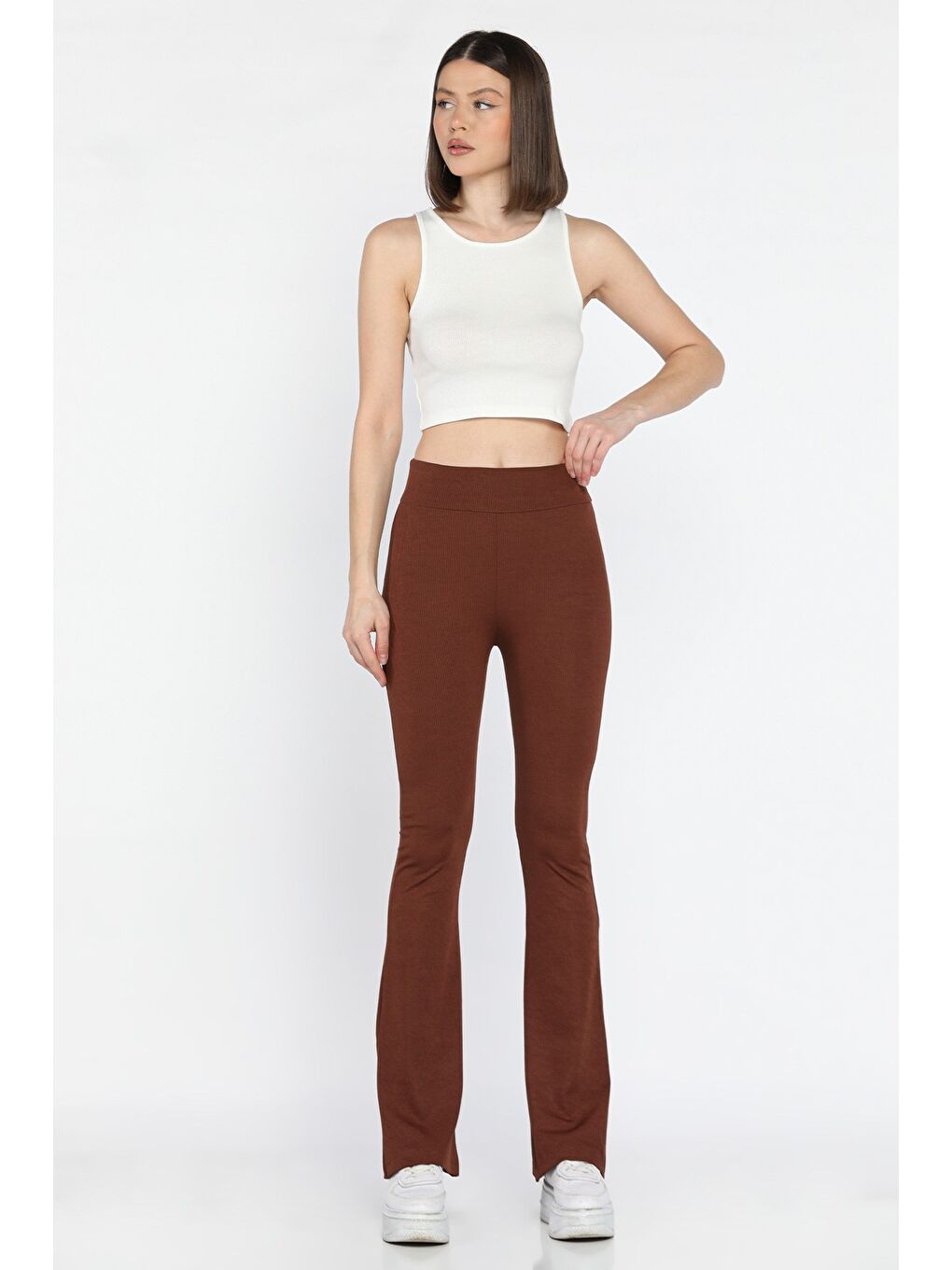 Kahverengi Kadın Yüksek Bel İspanyol Paça Fitilli Tayt