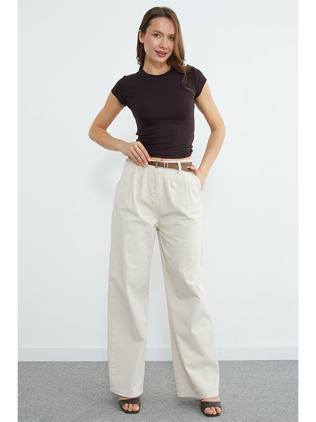 Bej Beli Lastikli Kemerli Gabardin Palazzo Pantolon-2