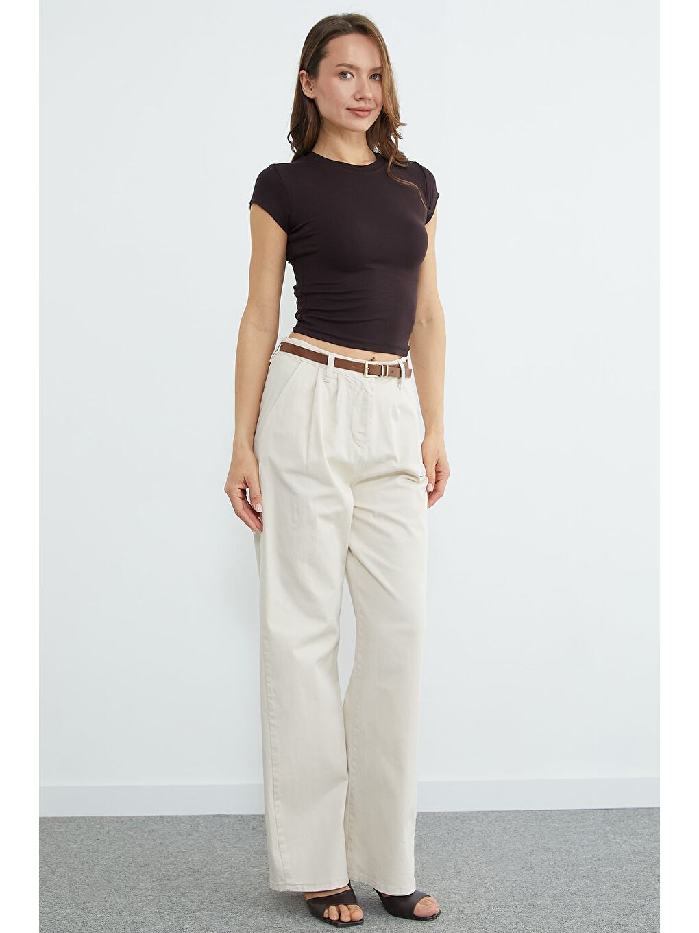 Bej Beli Lastikli Kemerli Gabardin Palazzo Pantolon-3