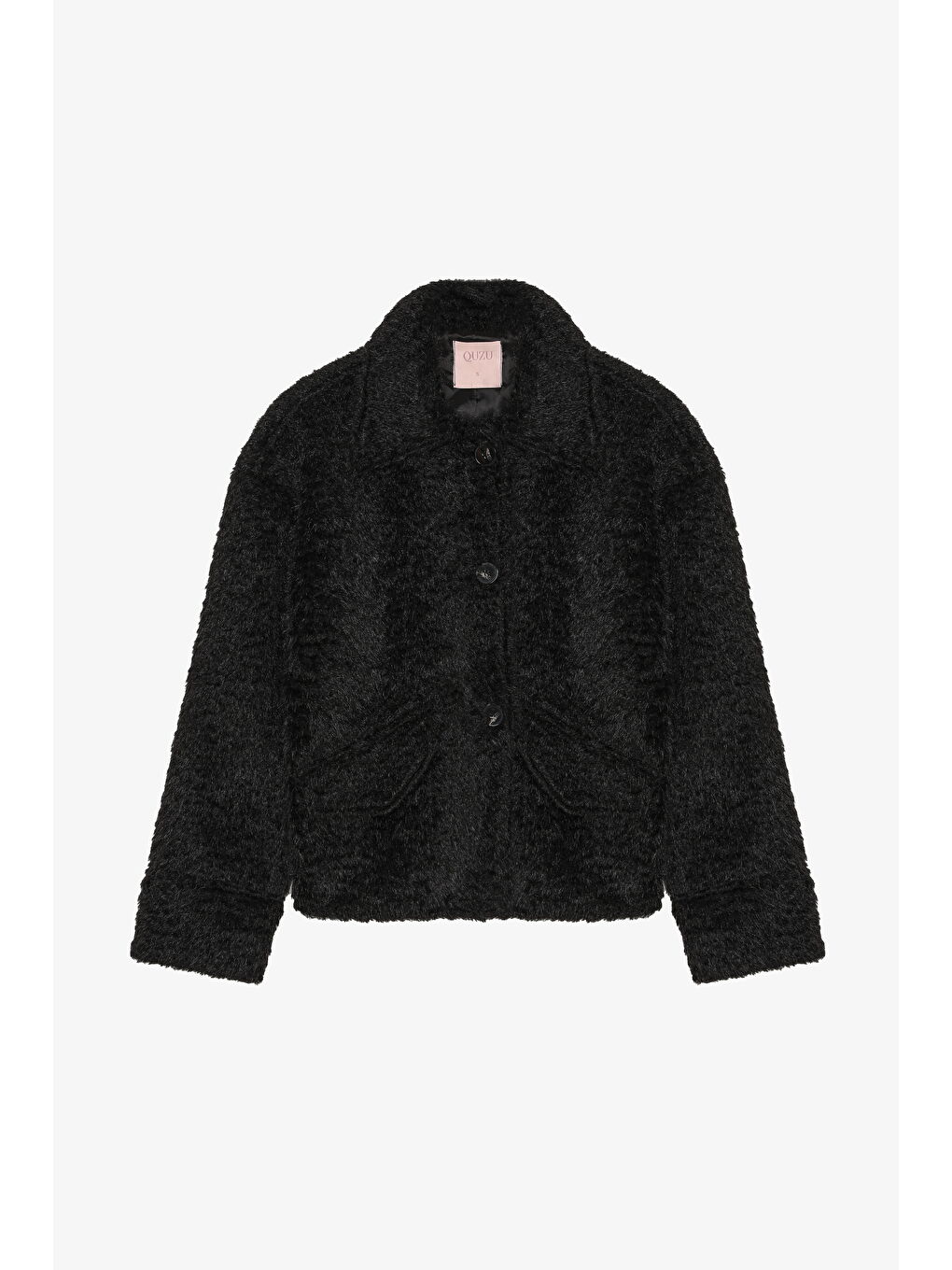 Gömlek Yaka Düğmeli Tüylü Ceket Siyah-1