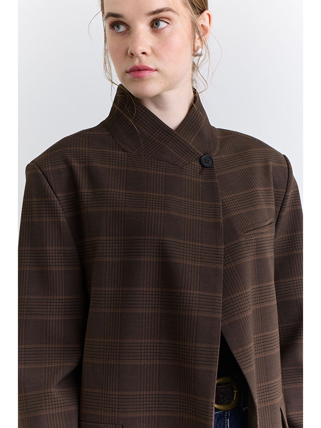 Karışık Yüksek Yaka Blazer Ceket Ekose-4