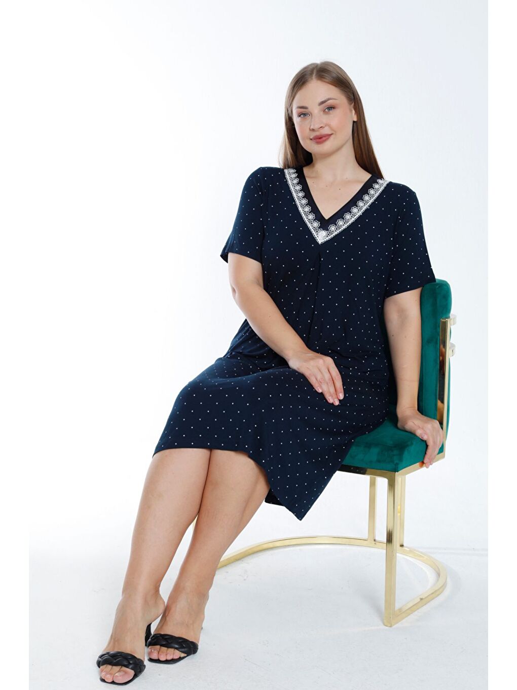 Lacivert puantiyeli kısa kollu dantelli Elastanlı kadın büyük beden gecelik-2